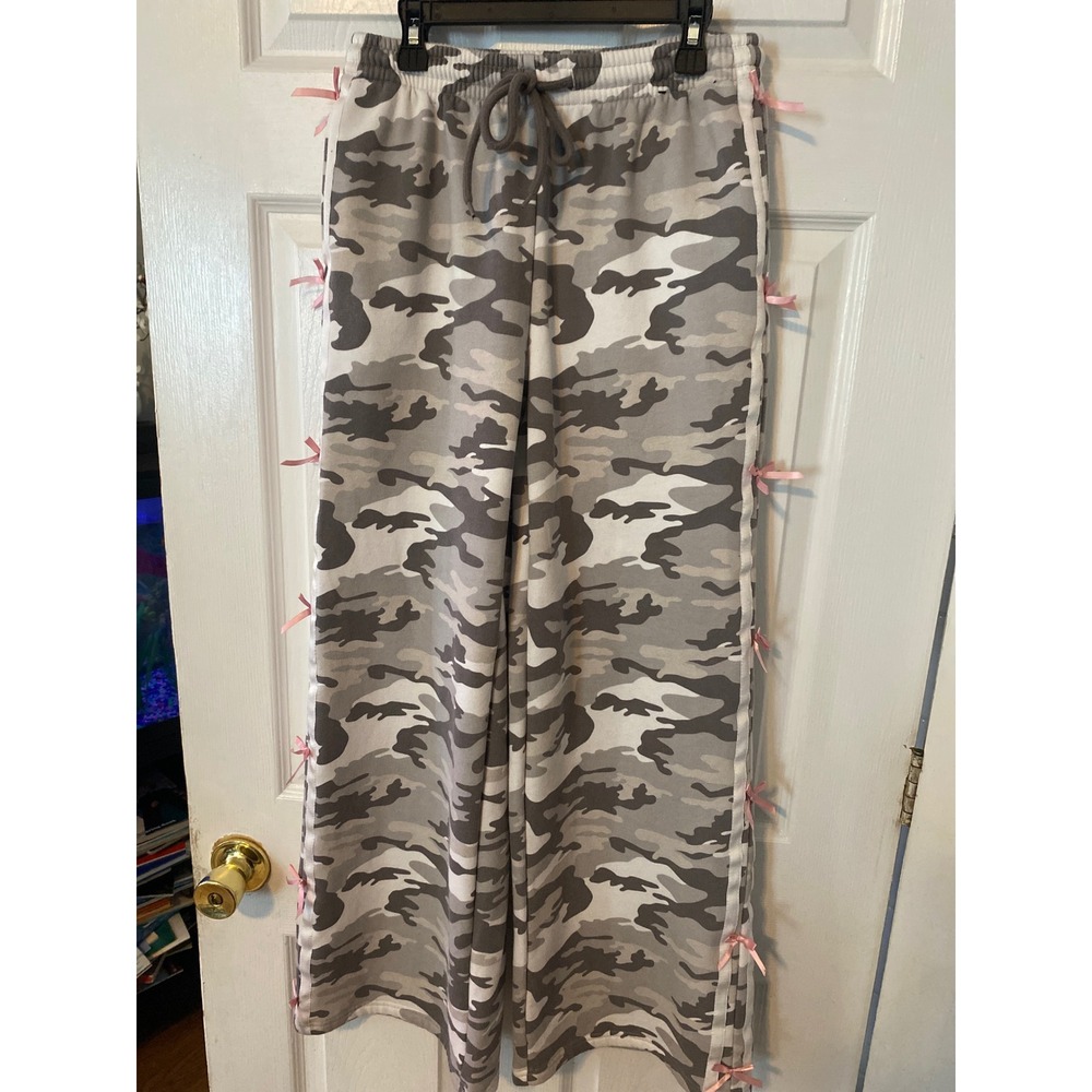 Carbon Camo Wide Leg Sweatpants Grey Pink Bow Side Stripe Joggers Womens Small